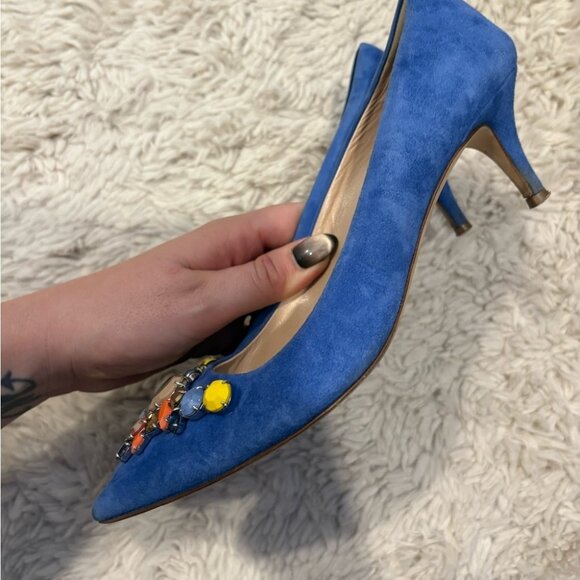 J Crew COLLECTION Dulci Suede Kitten Heels Women’s Size 8 Jeweled Blue Italy - Picture 7 of 16